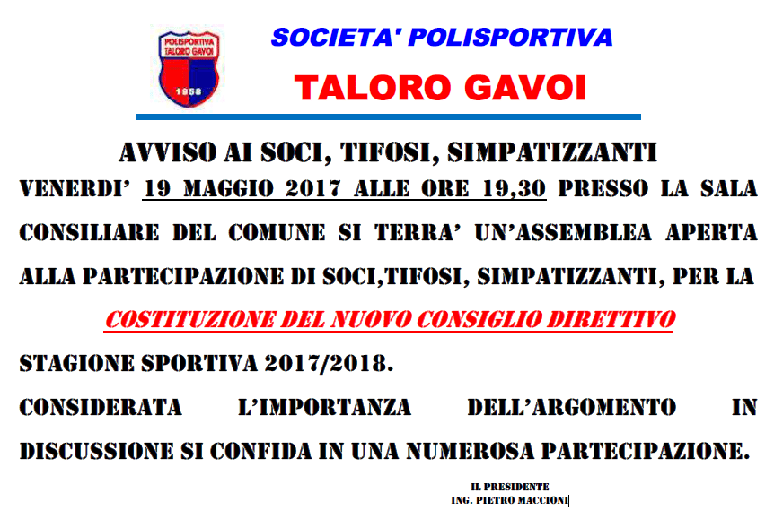 ASSEMBLEA DEI SOCI DEL TALORO GAVOI VENERDI 19 MAGGIO