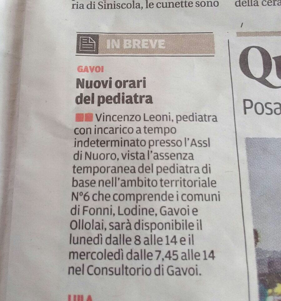 AVVIO SERVIZIO PEDIATRICO PRESSO POLIAMBULATORIO DI GAVOI