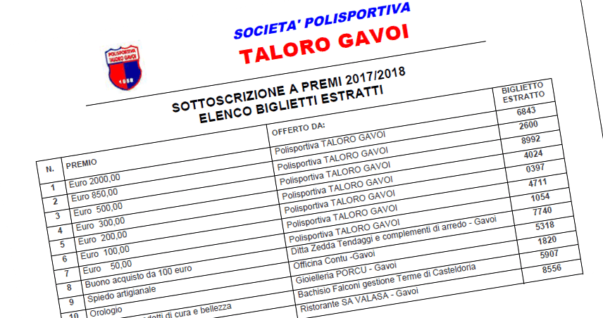 LOTTERIA A PREMI 2017/2018 DEL TALORO GAVOI