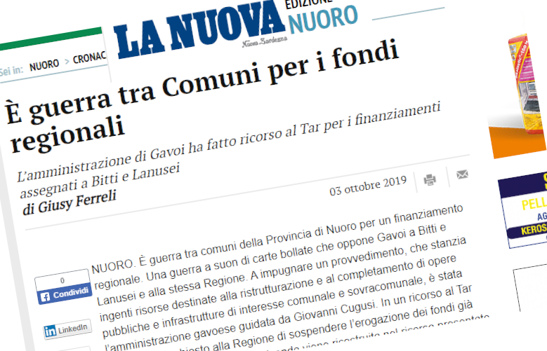 IL COMUNE DI GAVOI FA RICORSO AL TAR