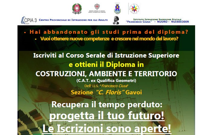 APERTE LE ISCRIZIONI AL CORSO SERALE “COSTRUZIONI, AMBIENTE E TERRITORIO” A GAVOI